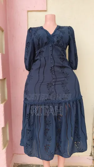 Elegant Navy Blue Floral Embroidered Midi Dress