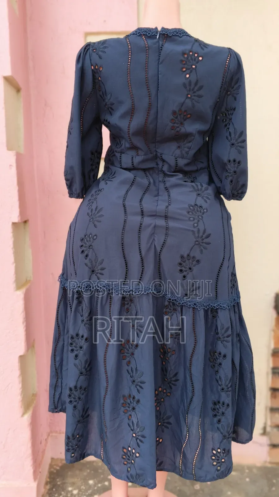 Elegant Navy Blue Floral Embroidered Midi Dress