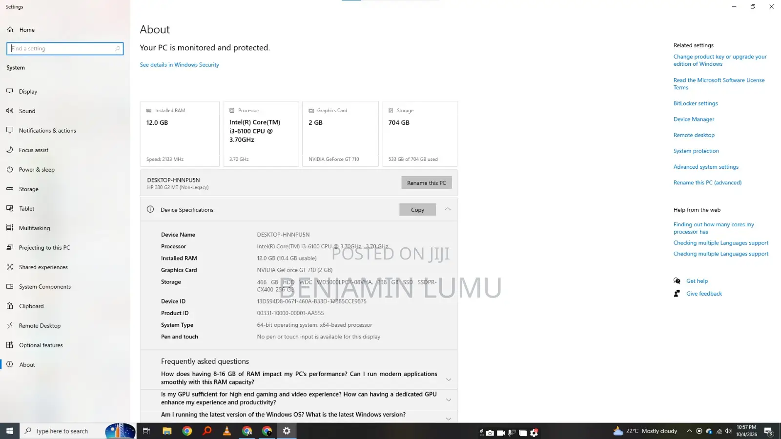Desktop Computer HP 280 G3 12GB Intel Core i5 HDD+SSD 750GB