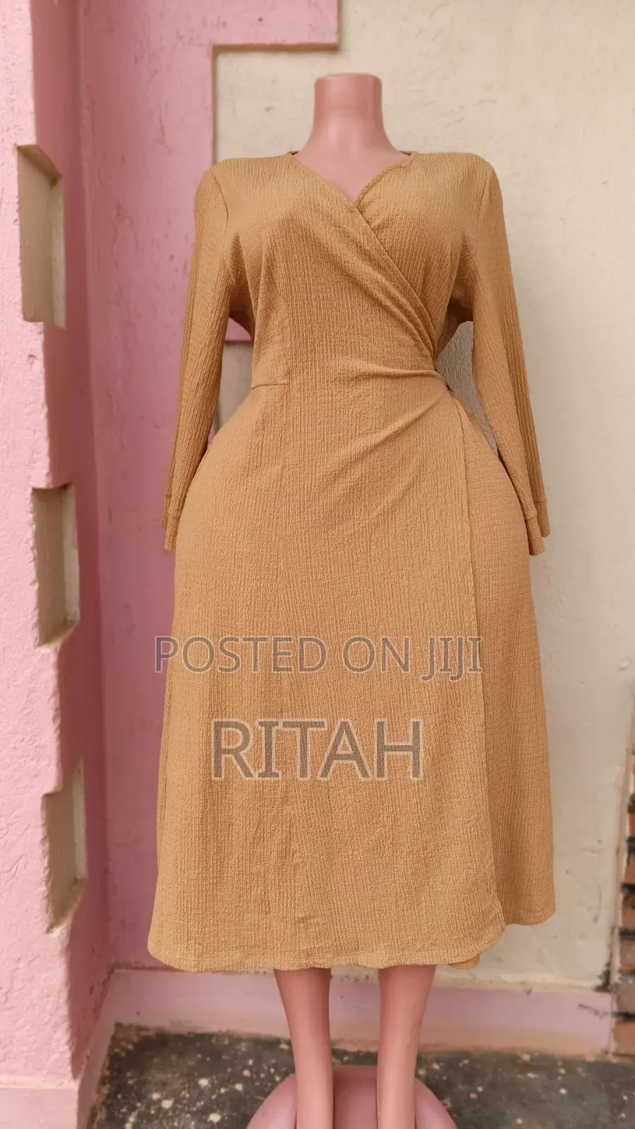 Elegant Tan Wrap Midi Dress