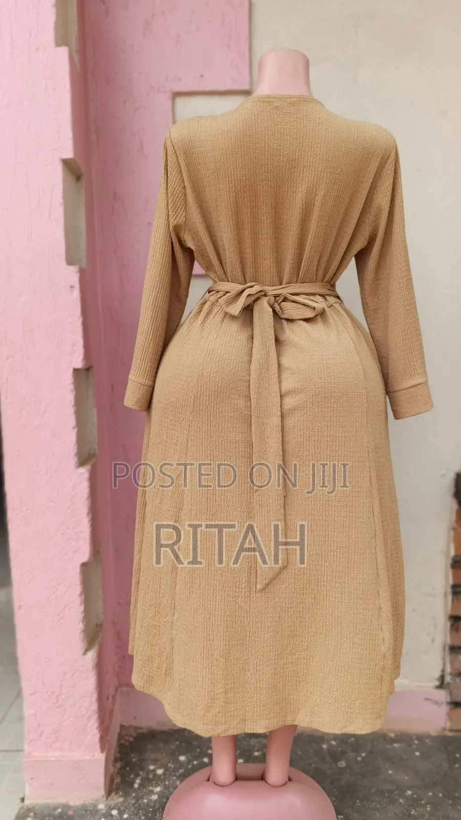 Elegant Tan Wrap Midi Dress