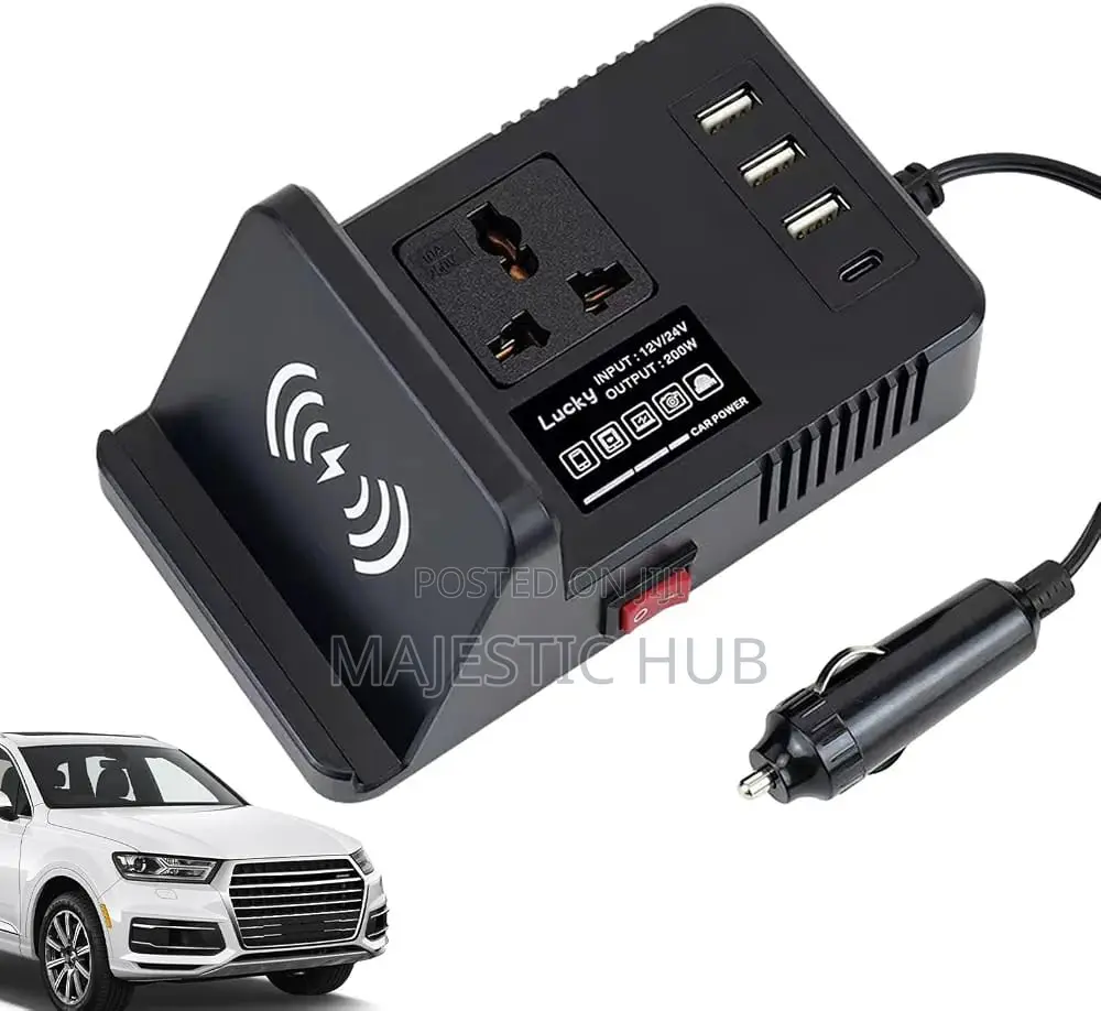 200W Car Power Inverter 12v/24v – Wireless Charging, Type C& USB