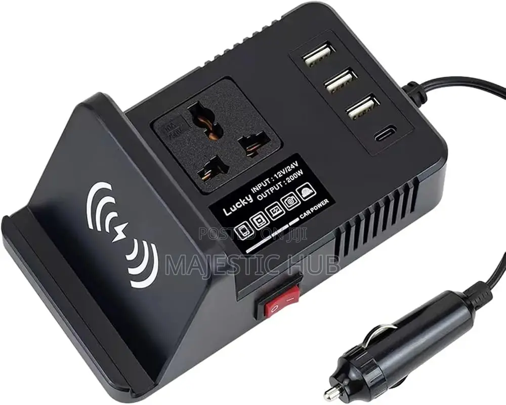 200W Car Power Inverter 12v/24v – Wireless Charging, Type C& USB