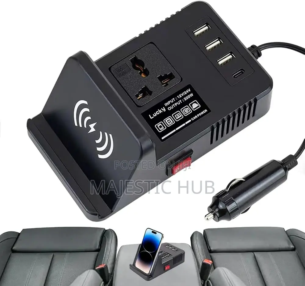 200W Car Power Inverter 12v/24v – Wireless Charging, Type C& USB
