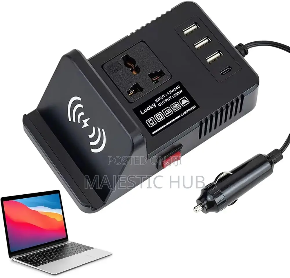 200W Car Power Inverter 12v/24v – Wireless Charging, Type C& USB