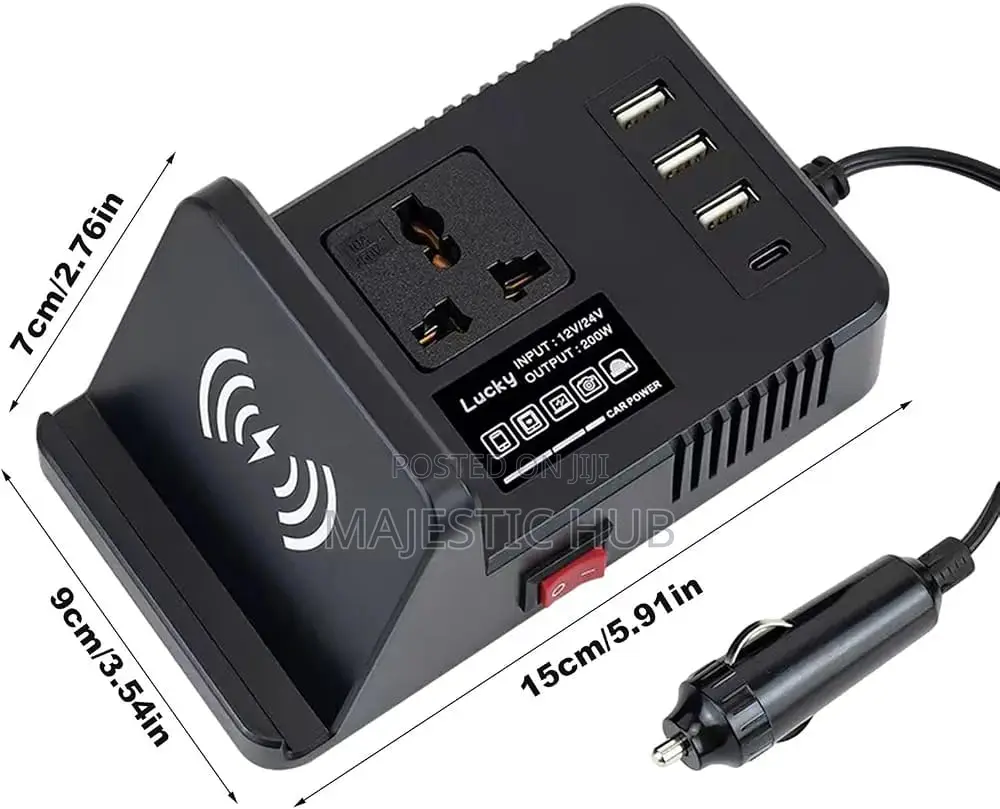 200W Car Power Inverter 12v/24v – Wireless Charging, Type C& USB