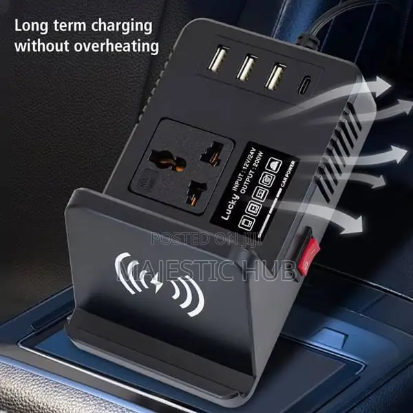 200W Car Power Inverter 12v/24v – Wireless Charging, Type C& USB