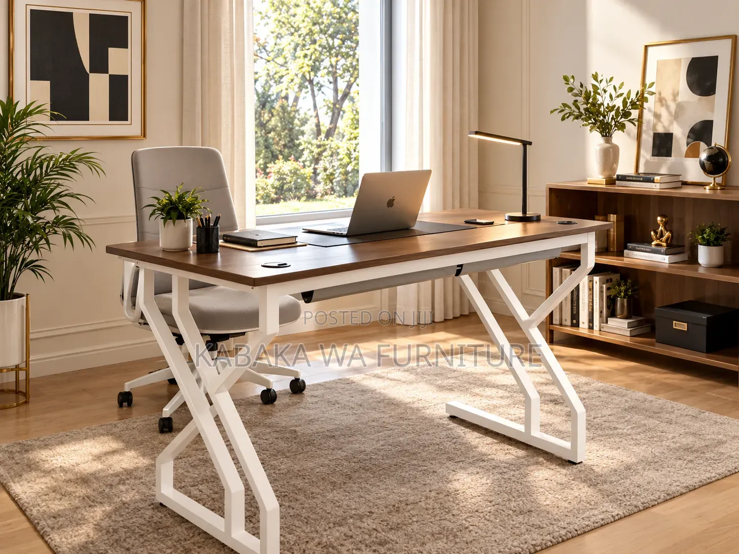 Furniture/Office-Desk-120cm-Gray-Top-X-White-Legs-Sturdy-Modern