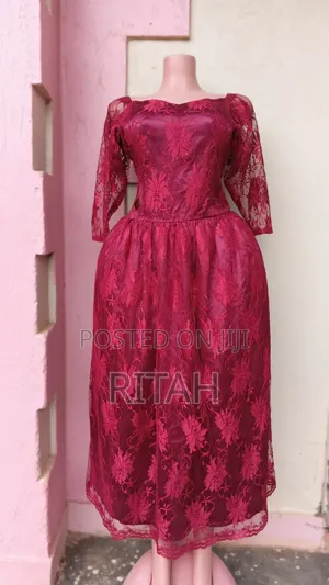 Beautiful Burgundy Floral Lace Midi Dress