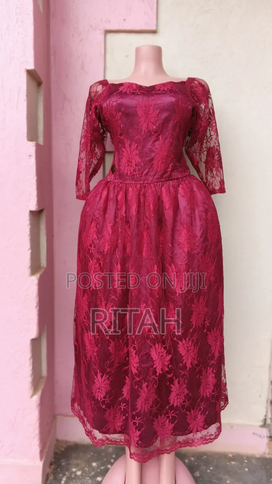 Beautiful Burgundy Floral Lace Midi Dress