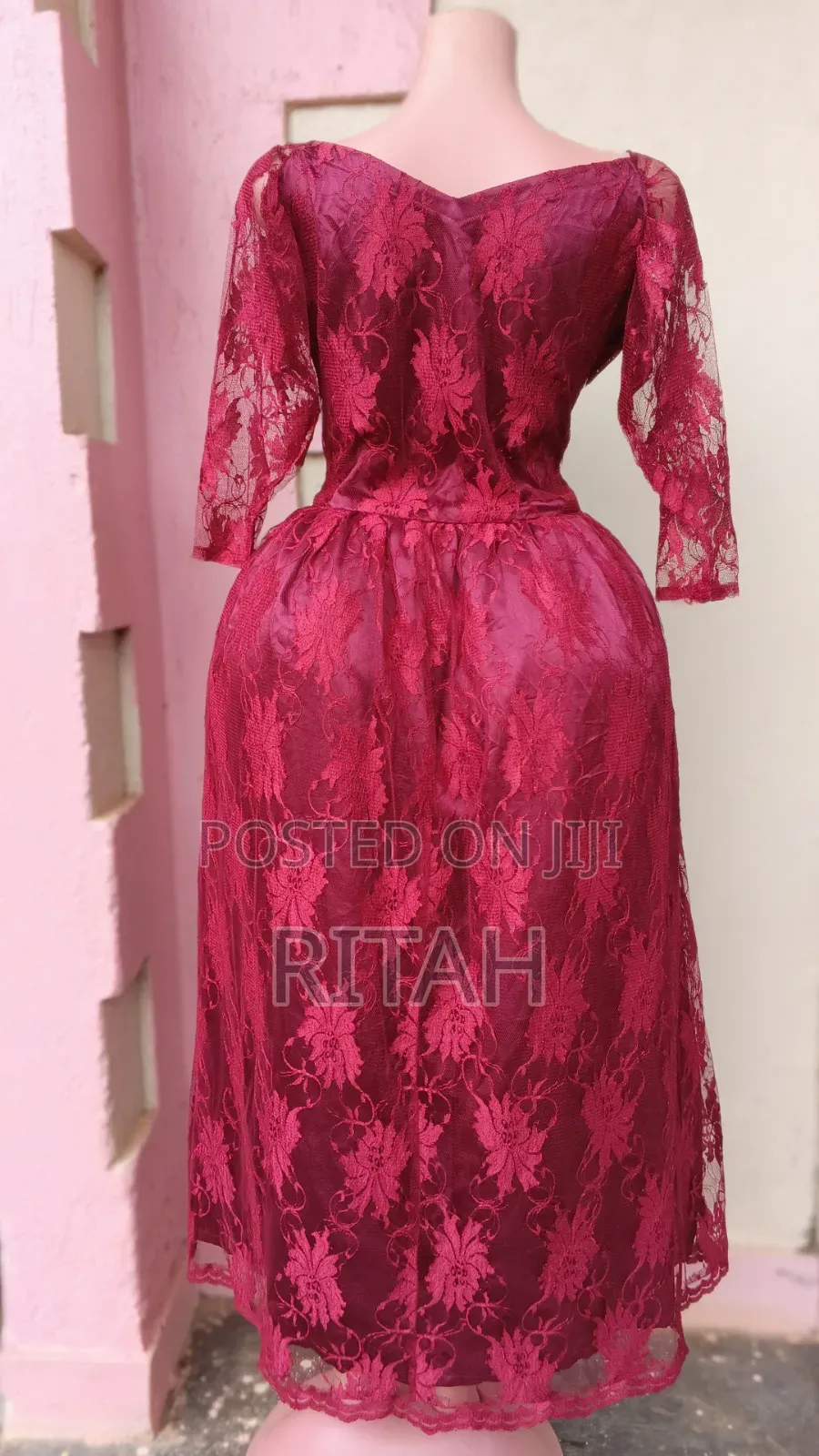 Beautiful Burgundy Floral Lace Midi Dress