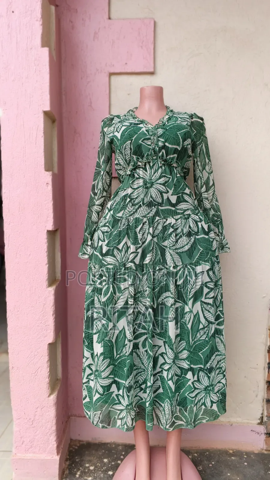 Green & White Floral Long Sleeve Maxi Dress