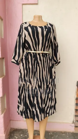 Stylish Black and Beige Animal-Print Midi Dress.