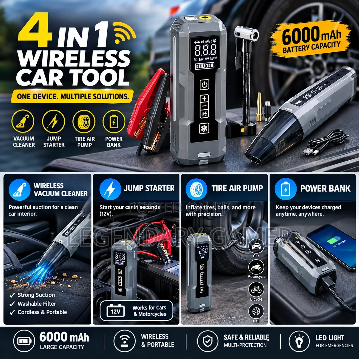 Vacuum Cleaner, Tire Pump Jump Starter and Power Bank All in One