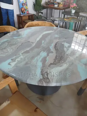 Epoxy Grey and Sky Blue Marble Six Seater Table