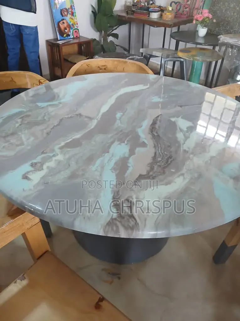 Epoxy Grey and Sky Blue Marble Six Seater Table