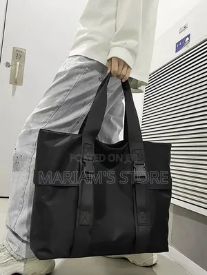 Large Black Waterproof Nylon Tote Bag With Front Vertical Strap