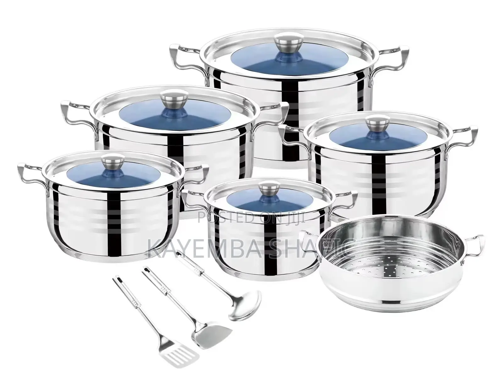 14-Piece Stainless Steel Cookware Set With Blue Glass Lids