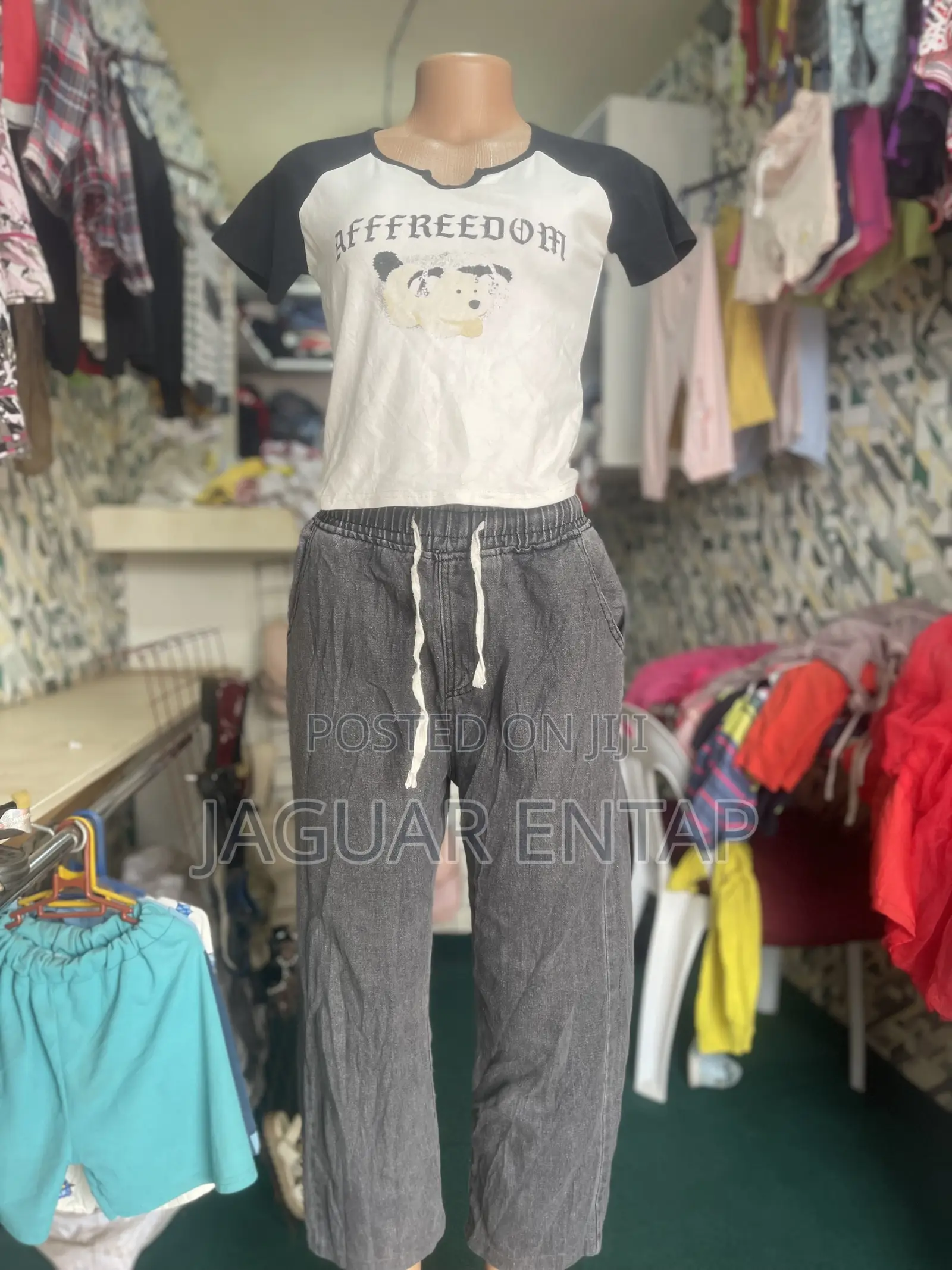 Ladies Grey Drawstring Pants + Bear Crop Top - Size S/M - Random Combo