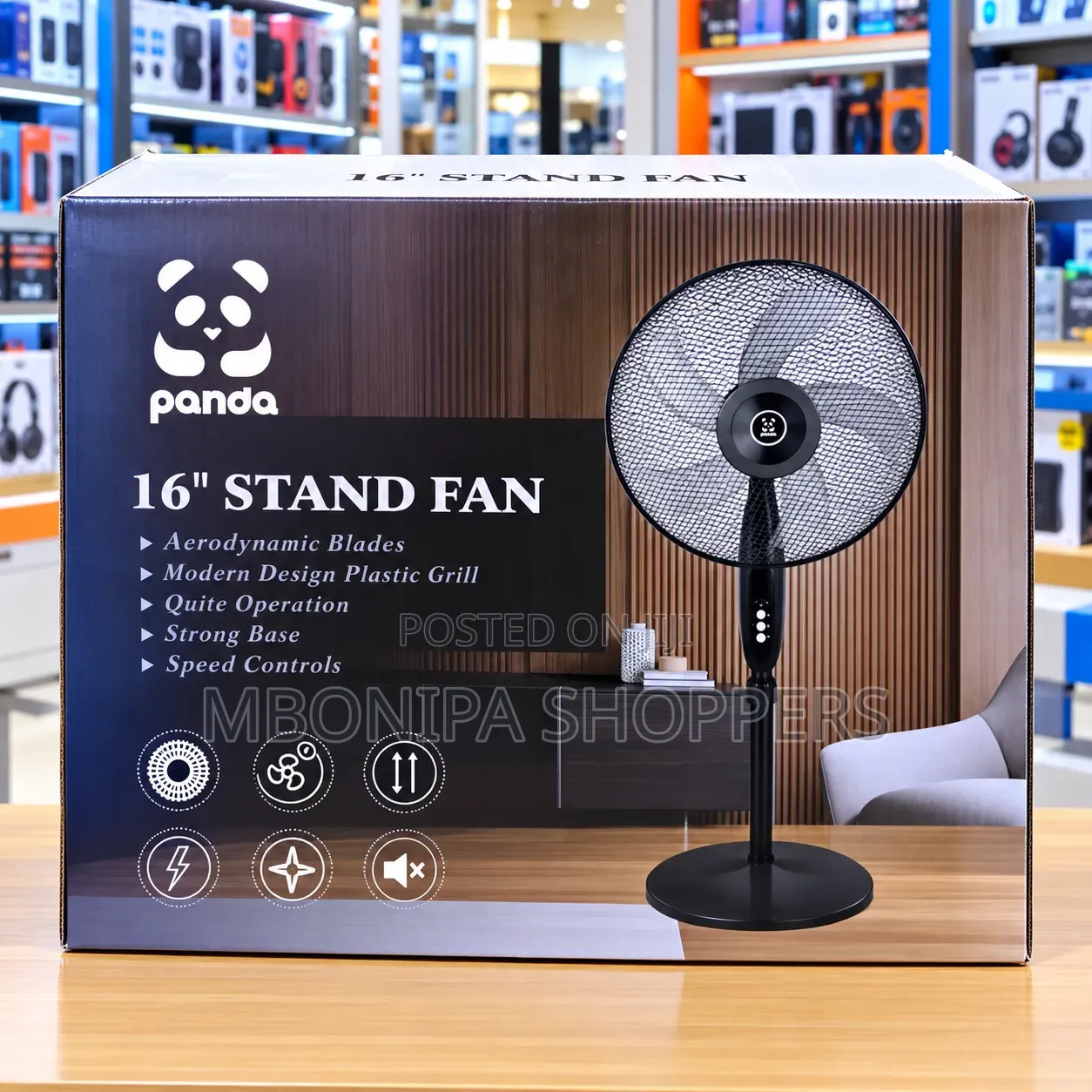 Panda 16-Inch Stand Fan – 5 Blades, 3-Speed Control, Adjustable Height