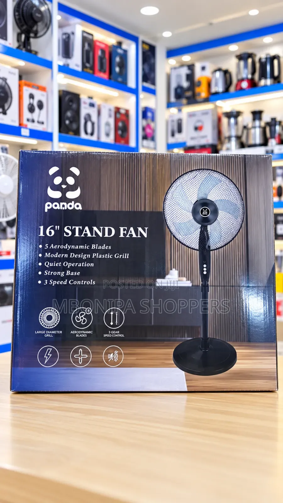 Panda 16-Inch Stand Fan – 5 Blades, 3-Speed Control, Adjustable Height
