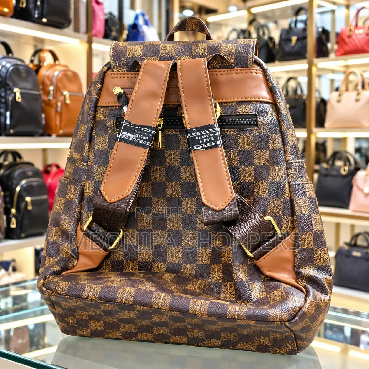 Stylish Brown Checkered Backpack With Gold Zippers