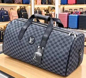 Stylish Grey Checkerboard Travel Duffel Bag With Black Handles