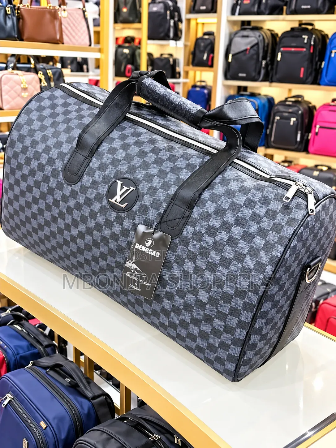 Stylish Grey Checkerboard Travel Duffel Bag With Black Handles