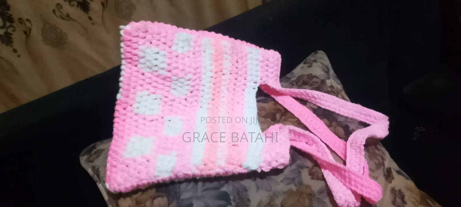 Crochet Hand Bag ,Pink and White