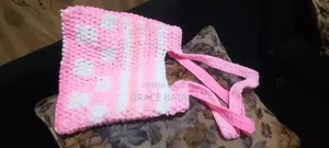Crochet Hand Bag ,Pink and White