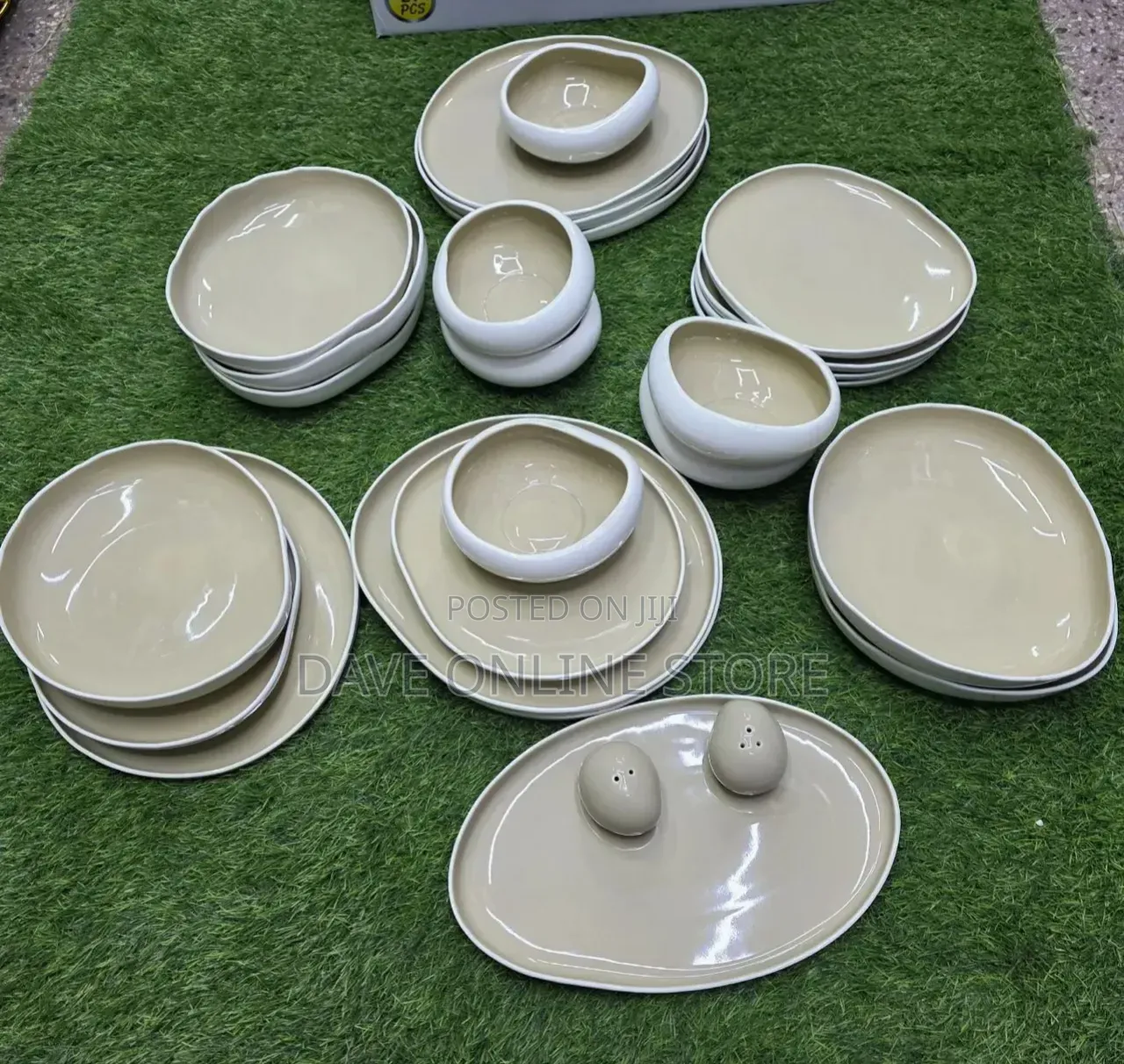 27pc Irregular Beige on White Dinner Set