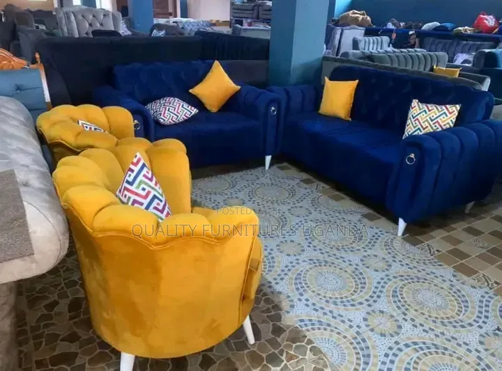 7 Seater Mixed Blue and Mustard Yellow Chesterfield Sofa