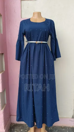 Navy Blue Pearl-Embellished Long Dress