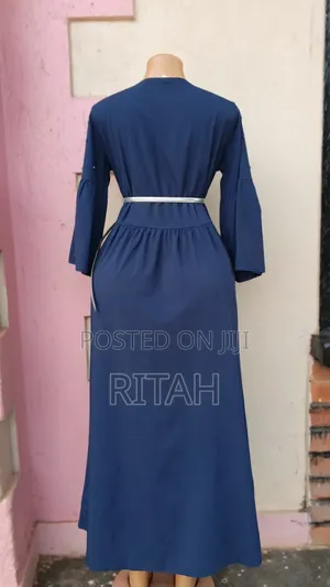 Navy Blue Pearl-Embellished Long Dress