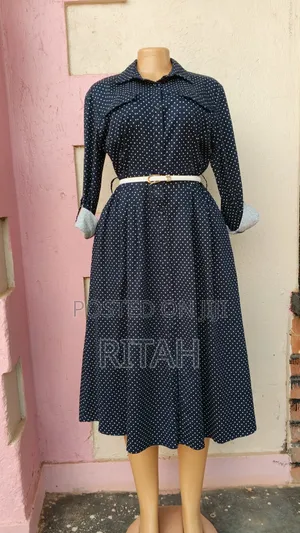 Elegant Navy Blue Polka Dot Shirt Dress