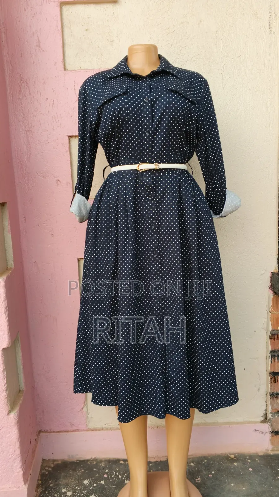 Elegant Navy Blue Polka Dot Shirt Dress
