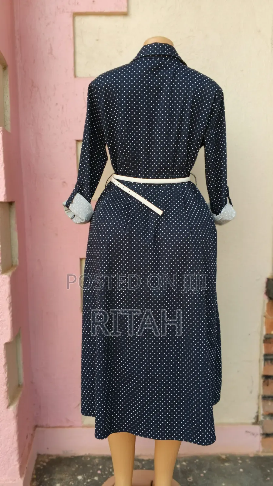 Elegant Navy Blue Polka Dot Shirt Dress
