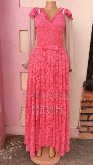Elegant Hot Pink Lace Maxi Dress With Sheer Long Sleeves and Bow Belt