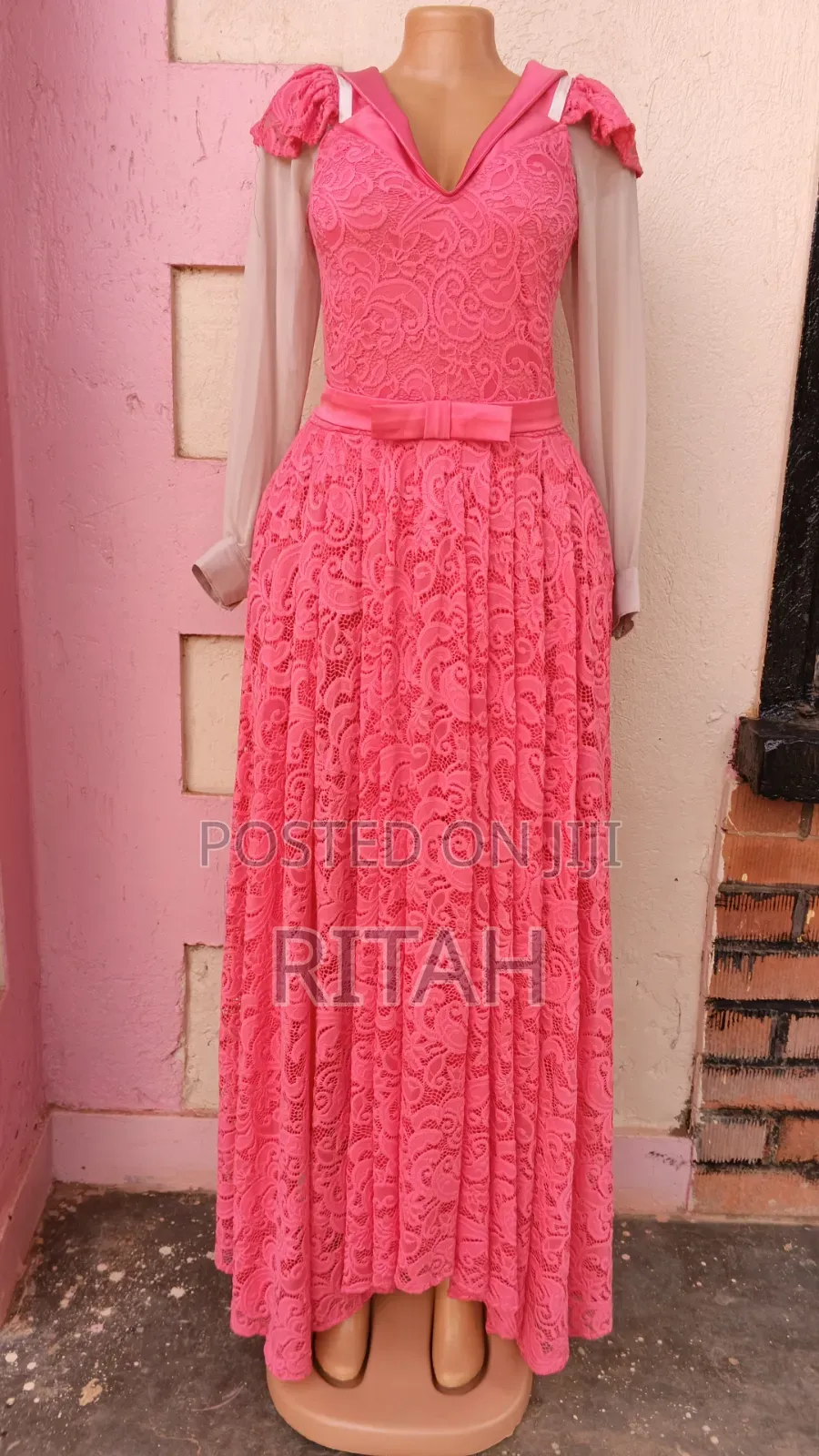 Elegant Hot Pink Lace Maxi Dress With Sheer Long Sleeves and Bow Belt