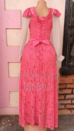 Elegant Hot Pink Lace Maxi Dress With Sheer Long Sleeves and Bow Belt