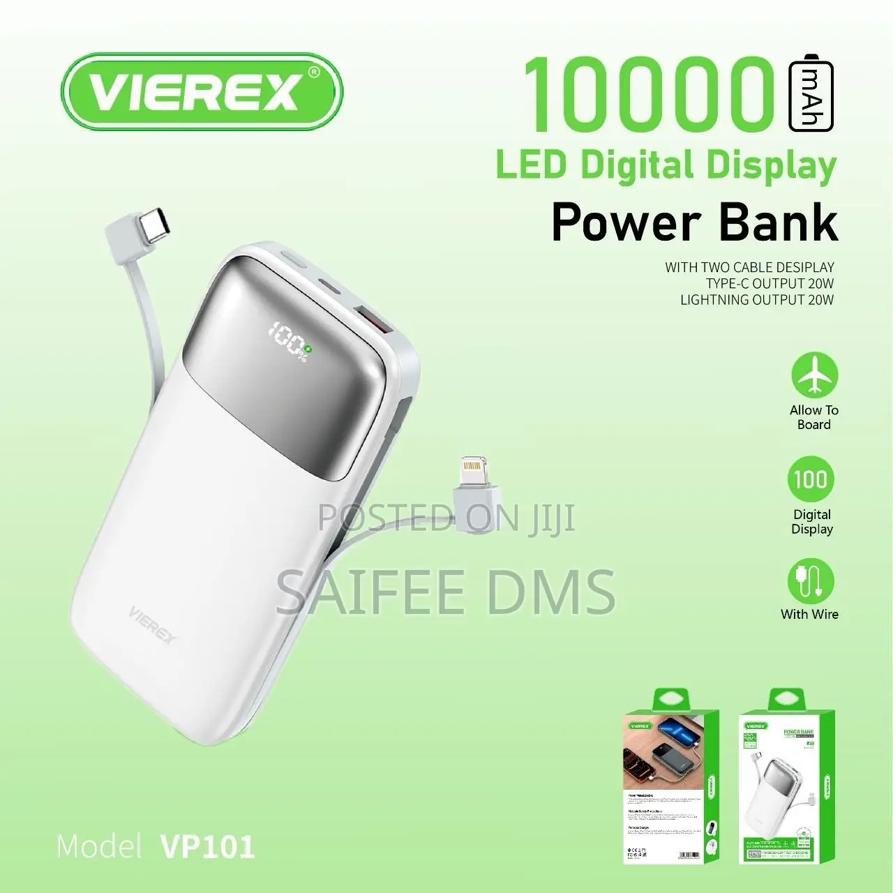 VIEREX 10000mAh 20W Fast Charging Power Bank With Built-in Cable