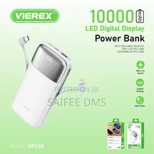 VIEREX 10000mAh 20W Fast Charging Power Bank With Built-in Cable
