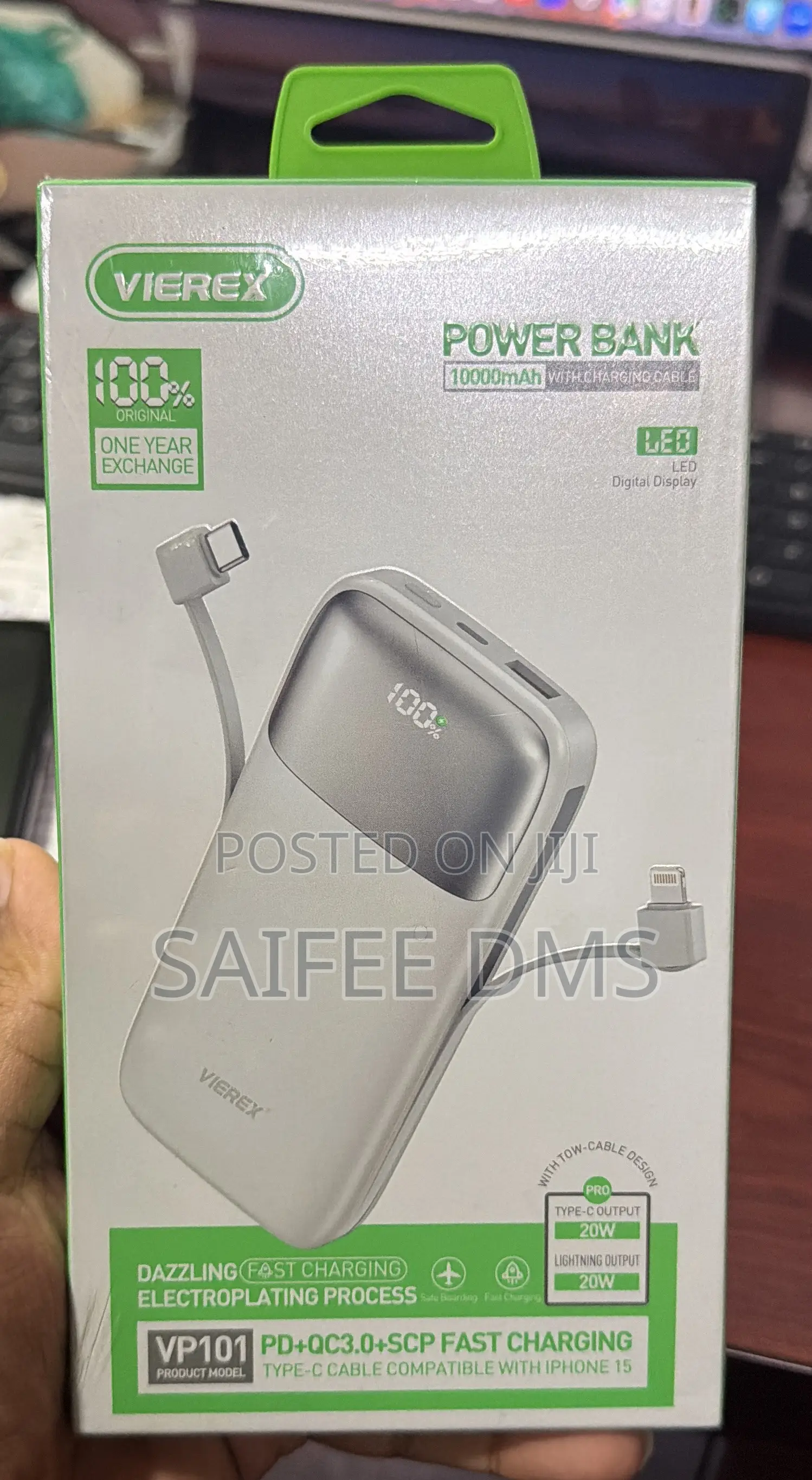 VIEREX 10000mAh 20W Fast Charging Power Bank With Built-in Cable