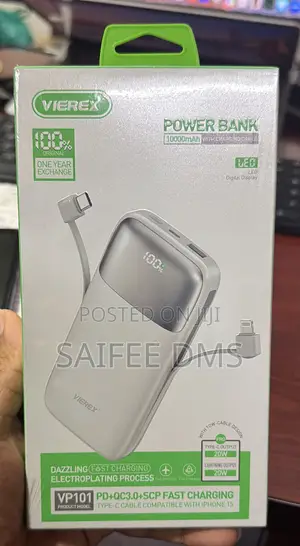 VIEREX 10000mAh 20W Fast Charging Power Bank With Built-in Cable
