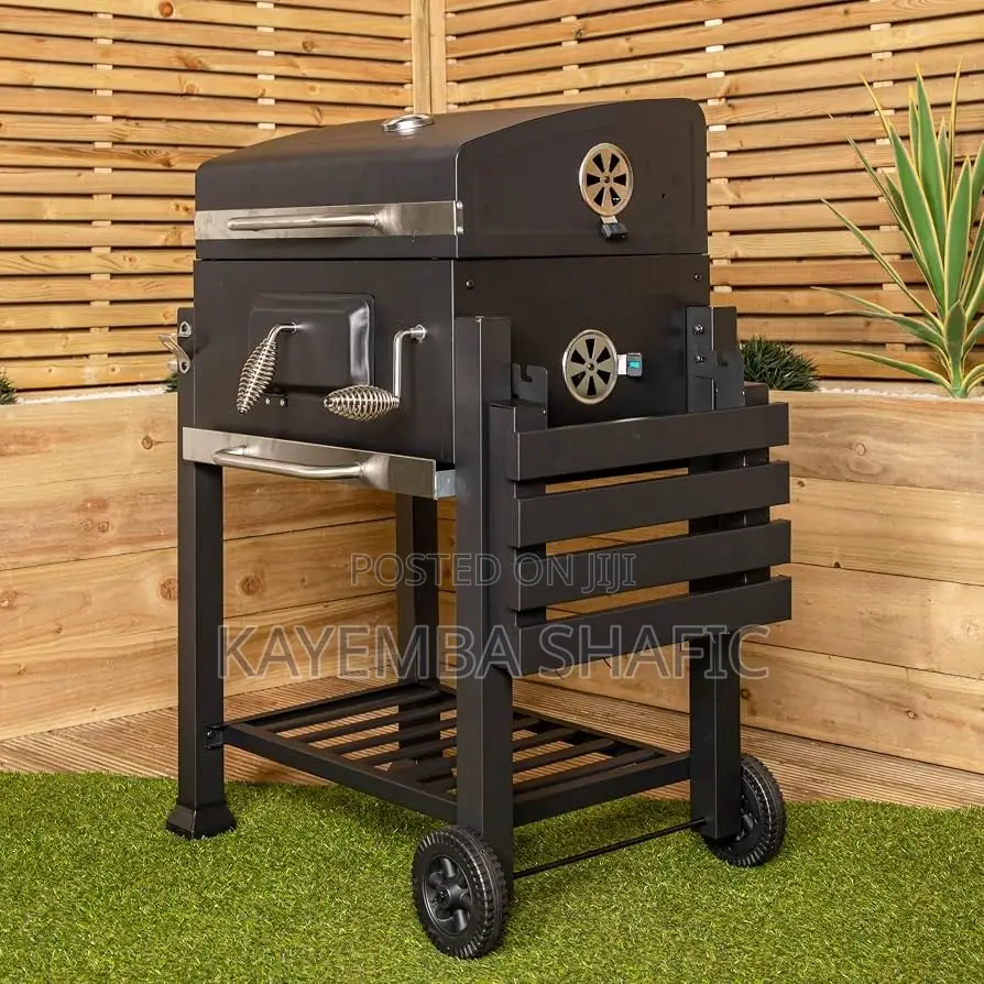 Heavy Duty Charcoal BBQ Grill Smoker Trolley With Side Storage Shelf