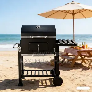 Heavy Duty Charcoal BBQ Grill Smoker Trolley With Side Storage Shelf