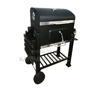 Heavy Duty Charcoal BBQ Grill Smoker Trolley With Side Storage Shelf