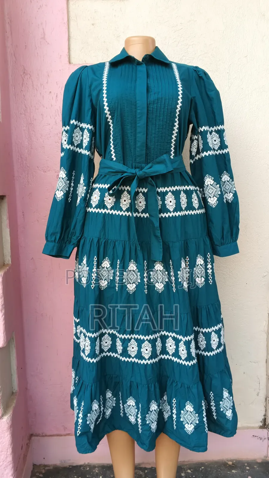 Elegant Teal Embroidered Midi Dress