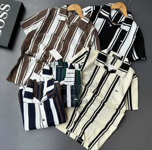 Short-Sleeve, Vertical-Striped Cuban Collar Shirts