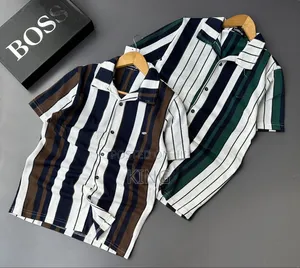 Short-Sleeve, Vertical-Striped Cuban Collar Shirts